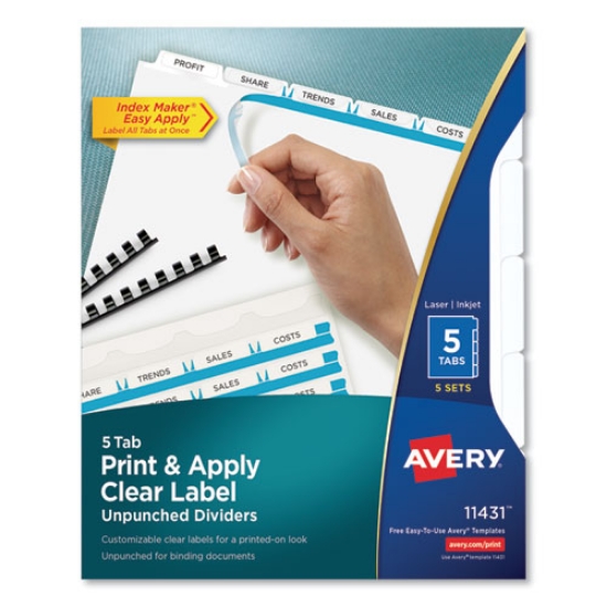 Picture of Print and Apply Index Maker Clear Label Unpunched Dividers, 5-Tab, 11 x 8.5, White, 5 Sets