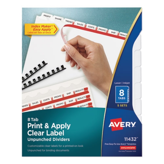 Picture of Print and Apply Index Maker Clear Label Unpunched Dividers, 8-Tab, 11 x 8.5, White, 5 Sets