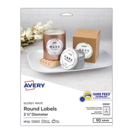 Picture of Round Print-To-The Edge Labels With Surefeed, 2.5" Dia, Glossy White, 90/pk