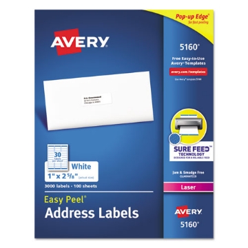 Picture of Easy Peel White Address Labels W/ Sure Feed Technology, Laser Printers, 1 X 2.63, White, 30/sheet, 100 Sheets/box