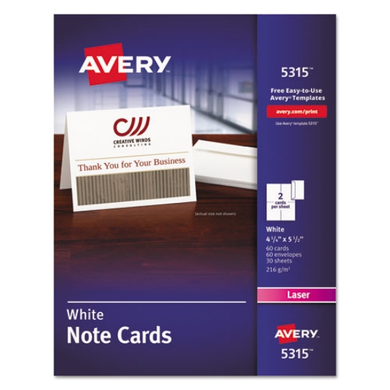 Picture of Note Cards with Matching Envelopes, Laser, 80 lb, 4.25 x 5.5, Uncoated White, 60 Cards, 2 Cards/Sheet, 30 Sheets/Pack