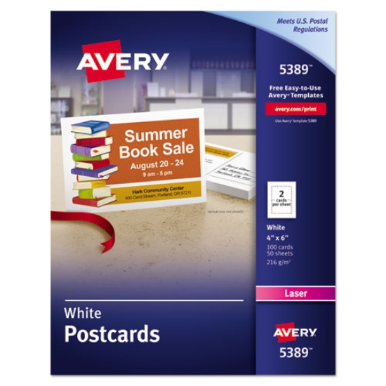 Picture of Printable Postcards, Laser, 80 Lb, 4 X 6, Uncoated White, 100 Cards, 2/cards/sheet, 50 Sheets/box