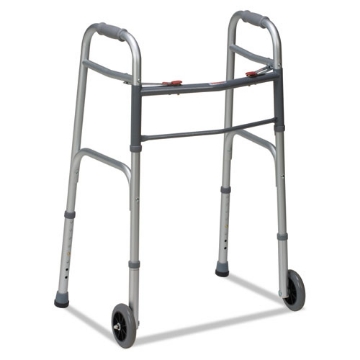 Picture of Two-Button Release Folding Walker with Wheels, Adjusts 32" to 38", 250 lb Capacity, Silver/Gray