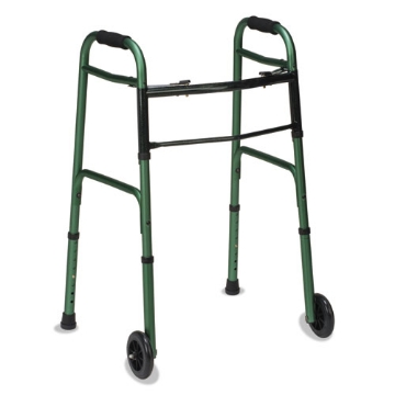Picture of Two-Button Release Folding Walker with Wheels, Adjusts 32" to 38", 250 lb Capacity, Green/Green Ice
