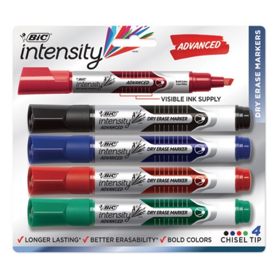 Picture of Intensity Advanced Dry Erase Marker, Tank-Style, Broad Chisel Tip, Assorted Colors, 4/pack