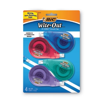 Picture of Wite-Out EZ Correct Correction Tape, Non-Refillable, Randomly Assorted Applicator Colors, 0.17" x 400", 4/Pack