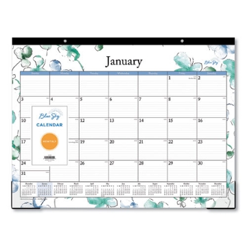 Picture of Lindley Desk Pad, Floral Artwork, 22 x 17, White/Blue/Green Sheets, Black Binding, Clear Corners, 12-Month (Jan-Dec): 2024