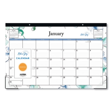 Picture of Lindley Desk Pad, Floral Artwork, 17 x 11, White/Blue/Green Sheets, Black Binding, Clear Corners, 12-Month (Jan-Dec): 2024