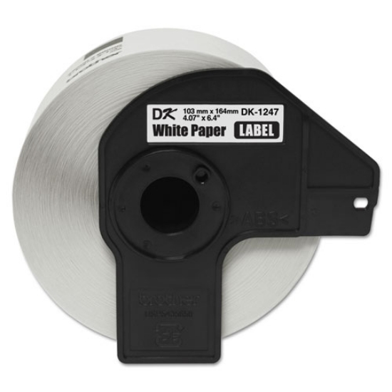Picture of dk1247 label tape, 4.07" x 6.4", black on white, 180 labels/roll