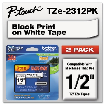 Picture of Tze Standard Adhesive Laminated Labeling Tapes, 0.47" X 26.2 Ft, Black On White, 2/pack