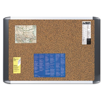 Picture of tech cork board, 36 x 24, tan surface, silver/black aluminum frame