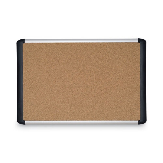 Picture of tech cork board, 48 x 36, tan surface, silver/black aluminum frame