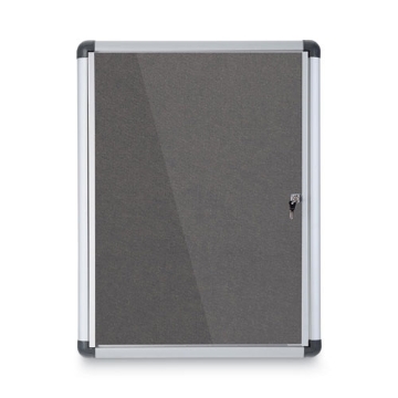 Picture of slim-line enclosed fabric bulletin board, one door, 28 x 38, gray surface, aluminum frame