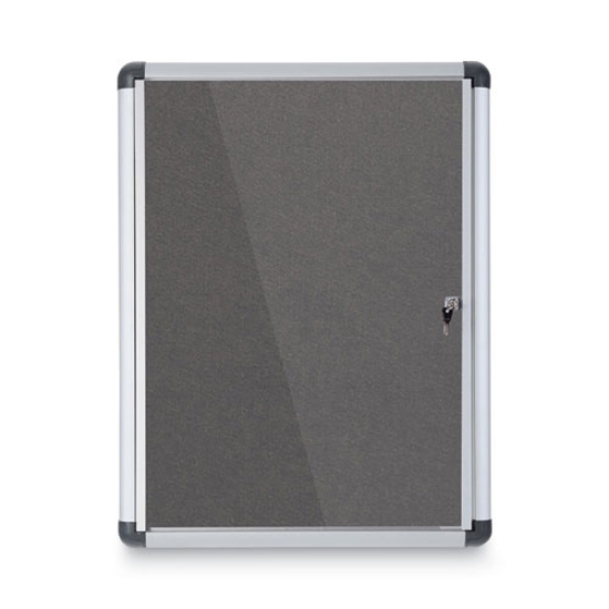 Picture of slim-line enclosed fabric bulletin board, one door, 28 x 38, gray surface, aluminum frame