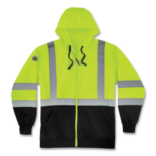 Picture of GloWear 8372 ZipUp HiVis Class 3 Zip Hood Sweatshirt w/ Black Bottom, Polar Fleece, Lime, Medium, Ships in 1-3 Business Days