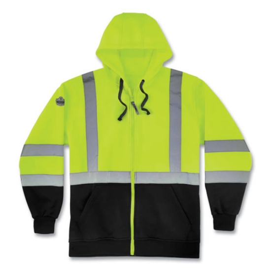 Picture of GloWear 8372 ZipUp HiVis Class 3 Zip Hood Sweatshirt w/ Black Bottom, Polar Fleece, Lime, Medium, Ships in 1-3 Business Days