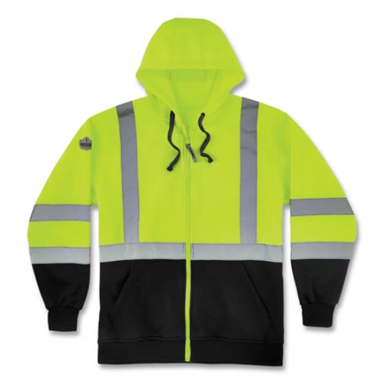 Picture of GloWear 8372 ZipUp HiVis Class 3 Zip Hood Sweatshirt w/ Black Bottom, Polar Fleece, Lime, Medium, Ships in 1-3 Business Days