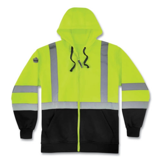 Picture of GloWear 8372 ZipUp HiVis Class 3 Zip Hood Sweatshirt w/ Black Bottom, Polar Fleece, Lime, Medium, Ships in 1-3 Business Days