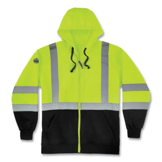 Picture of GloWear 8372 ZipUp HiVis Class 3 Zip Hood Sweatshirt w/ Black Bottom, Polar Fleece, Lime, Medium, Ships in 1-3 Business Days