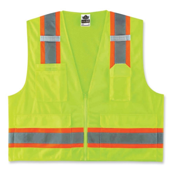 Picture of GloWear 8248Z Class 2 Two-Tone Surveyors Zipper Vest, Polyester, 2X-Large/3X-Large, Lime, Ships in 1-3 Business Days
