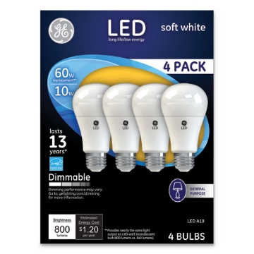 Picture of Led Soft White A19 Dimmable Light Bulb, 10 W, 4/pack