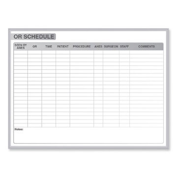 Picture of OR Schedule Magnetic Whiteboard, 72.5 x 48.5, White/Gray Surface, Satin Aluminum Frame, Ships in 7-10 Business Days