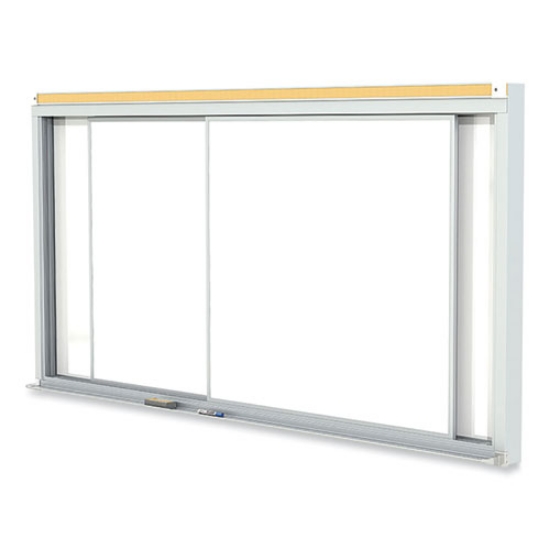 Picture of Horizontal Sliding Porcelain Magnetic Whiteboard, 120 x 48, White Surface, Satin Aluminum Frame, Ships in 7-10 Business Days