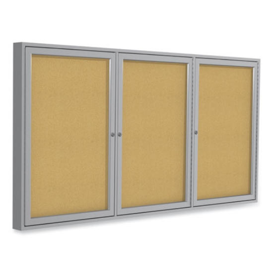 Picture of 3 Door Enclosed Vinyl Bulletin Board with Satin Aluminum Frame, 72 x 48, Silver Surface, Ships in 7-10 Business Days