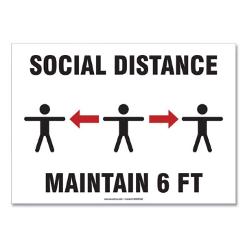 Picture of Social Distance Signs, Wall, 10 X 7, "social Distance Maintain 6 Ft", 3 Humans/arrows, White, 10/pack