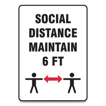 Picture of Social Distance Signs, Wall, 7 X 10, "social Distance Maintain 6 Ft", 2 Humans/arrows, White, 10/pack