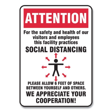 Picture of Social Distance Signs, Wall, 7 X 10, Visitors And Employees Distancing, Humans/arrows, Red/white, 10/pack