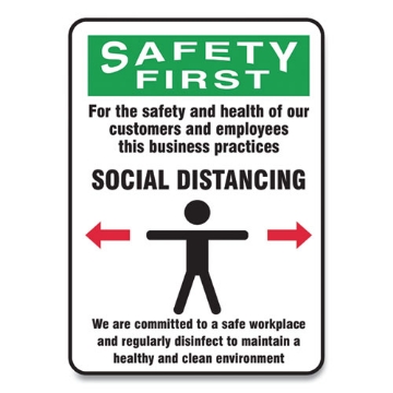 Picture of Social Distance Signs, Wall, 7 X 10, Customers And Employees Distancing Clean Environment, Humans/arrows, Green/white, 10/pk