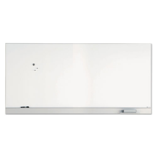 Picture of polarity magnetic dry erase white board, 96 x 46, white surface, silver aluminum frame