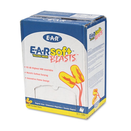 Picture of E-A-RSOFT BLASTS EARPLUGS, CORDED, FOAM, YELLOW NEON, 200 PAIRS/BOX