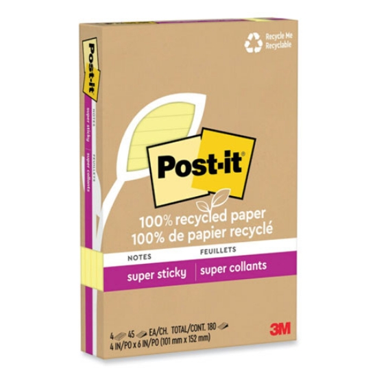 Picture of 100% recycled paper super sticky notes, ruled, 4" x 6", canary yellow, 45 sheets/pad, 4 pads/pack