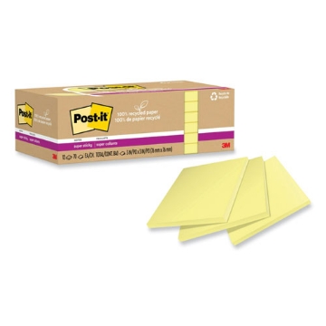 Picture of 100% recycled paper super sticky notes, 3" x 3", canary yelow, 70 sheets/pad, 12 pads/pack