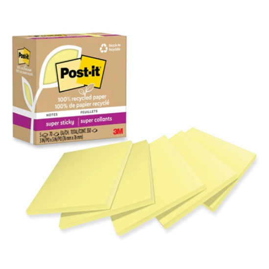 Picture of 100% recycled paper super sticky notes, 3" x 3", canary yellow, 70 sheets/pad, 5 pads/pack