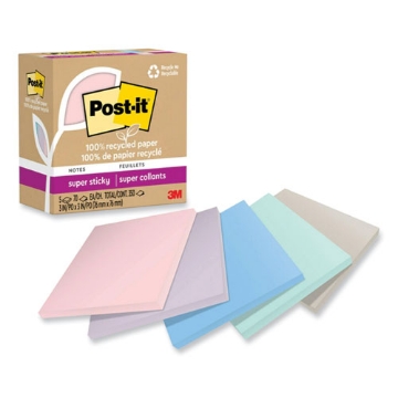 Picture of 100% recycled paper super sticky notes, 3" x 3", wanderlust pastels, 70 sheets/pad, 5 pads/pack