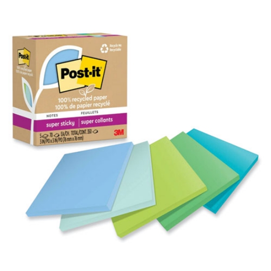 Picture of 100% recycled paper super sticky notes, 3" x 3", oasis, 70 sheets/pad, 5 pads/pack