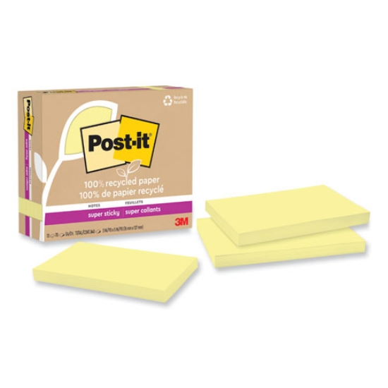 Picture of 100% recycled paper super sticky notes, 3" x 5", canary yellow, 70 sheets/pad, 12 pads/pack