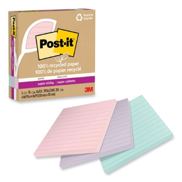 Picture of 100% recycled paper super sticky notes, ruled, 4" x 4", wanderlust pastels, 70 sheets/pad, 3 pads/pack