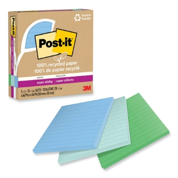 Picture of 100% recycled paper super sticky notes, ruled, 4" x 4", oasis, 70 sheets/pad, 3 pads/pack