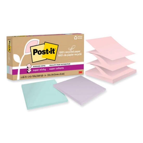 Picture of 100% recycled paper super sticky notes, 3" x 3", wanderlust pastels, 70 sheets/pad, 6 pads/pack