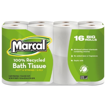 Picture of 100% Recycled 2-Ply Bath Tissue, Septic Safe, White, 168 Sheets/Roll, 16 Rolls/Pack
