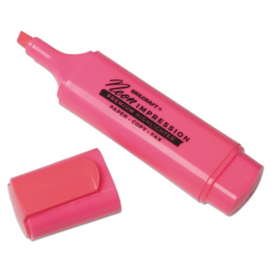 Picture of 7520013519146 Skilcraft Flat Fluorescent Highlighter, Fluorescent Pink Ink, Chisel Tip, Pink Barrel, Dozen