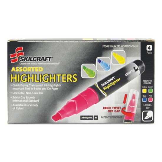 Picture of 7520013837938 Skilcraft Large Fluorescent Highlighter, Assorted Ink Colors, Chisel Tip, Assorted Barrel Colors, 4/set