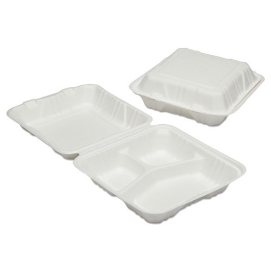 Picture of 7350016646909, SKILCRAFT Clamshell Hinged Lid ToGo Food Containers, 3 Compartment, 9 x 9 x 3, White, Paper, 200/Box