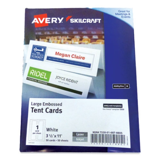 Picture of 7530016878805 Skilcraft/avery Tent Cards, White, 3.5 X 11, 1 Card/sheet, 50 Sheets/pack