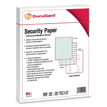 Picture of Medical Security Papers, 24 lb Bond Weight, 8.5 x 11, Green, 500/Ream