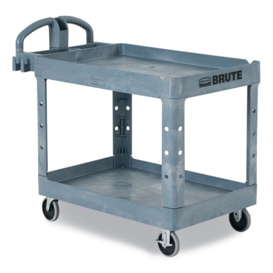 Picture of BRUTE Heavy-Duty Ergo Handle Utility Cart, Plastic, Two Shelves, 500 lb Capacity, 25.5" x 44" x 39", Gray